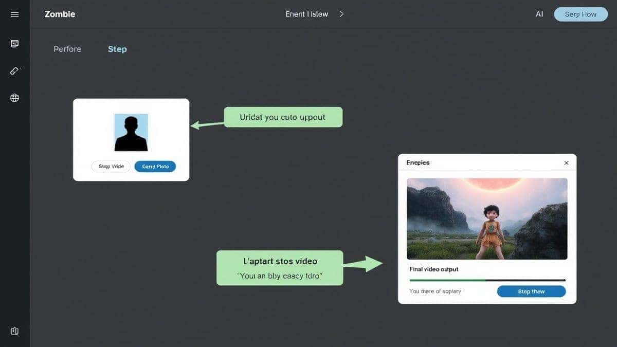 step by step visual guide showing photo upload prompt entry and final video output in ai zombie tool interface, clean minimalist design with progress indicators