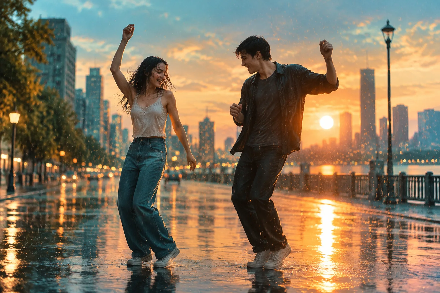Rain Dance AI Video Generator - Create an original two-person seaside dance from two authorized photos. Do not use copyrighted music or recreate a real performer’s identity.